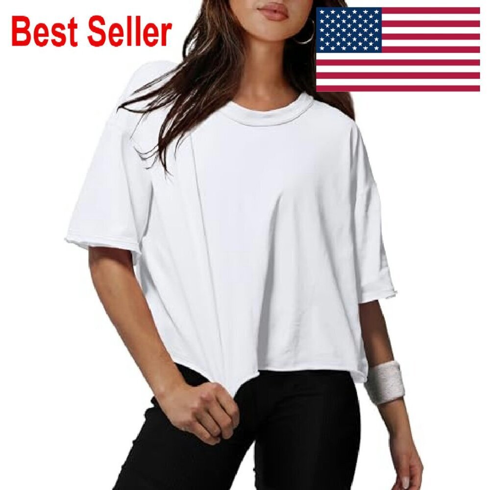 Oversized Crop Top Cotton Blend Drop Shoulder Y2K Chic Casual Workout Tee - Picture 2 of 8